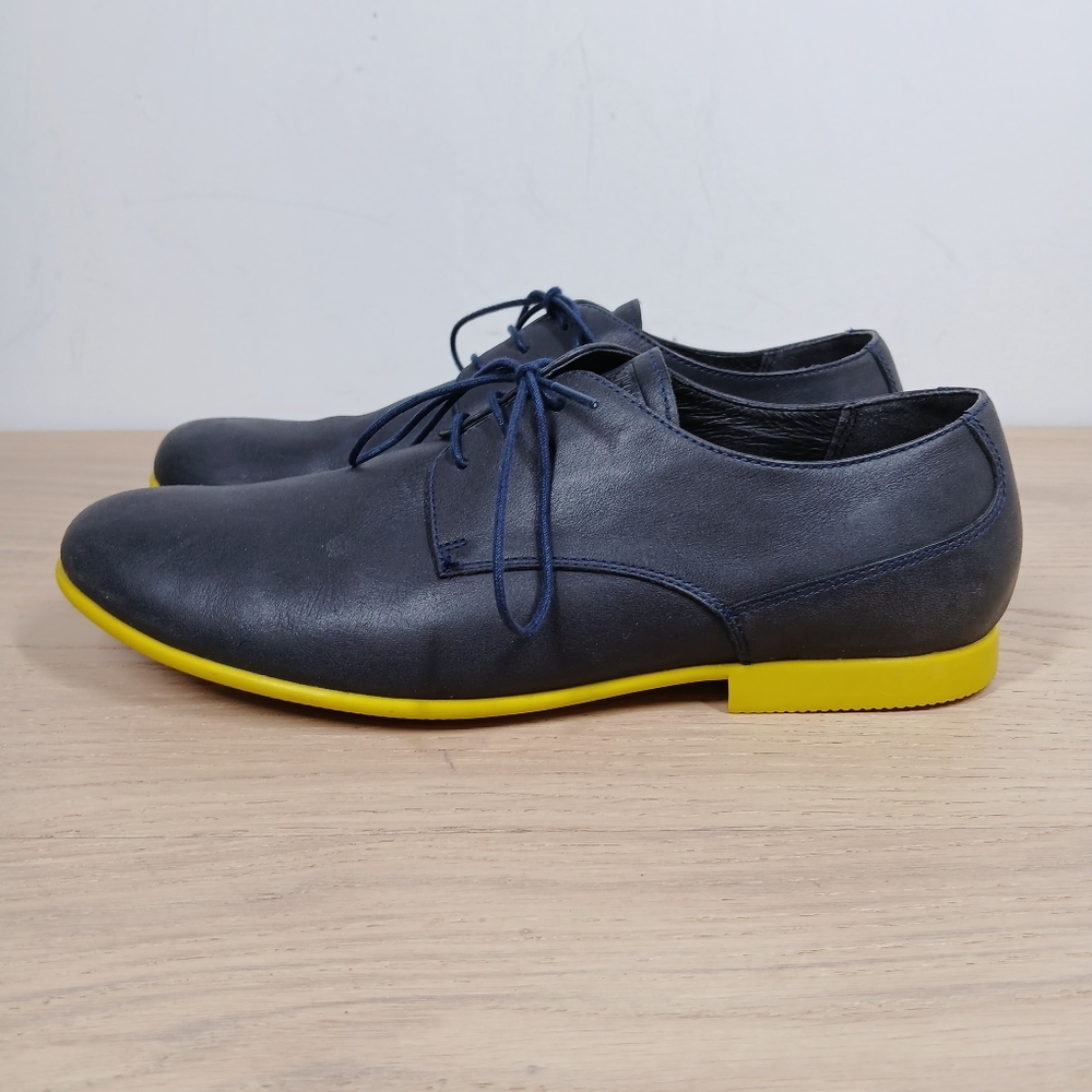Camper‎ Navy Blue Leather Lace Up Derby Shoes with Bright Yellow Sole 1637